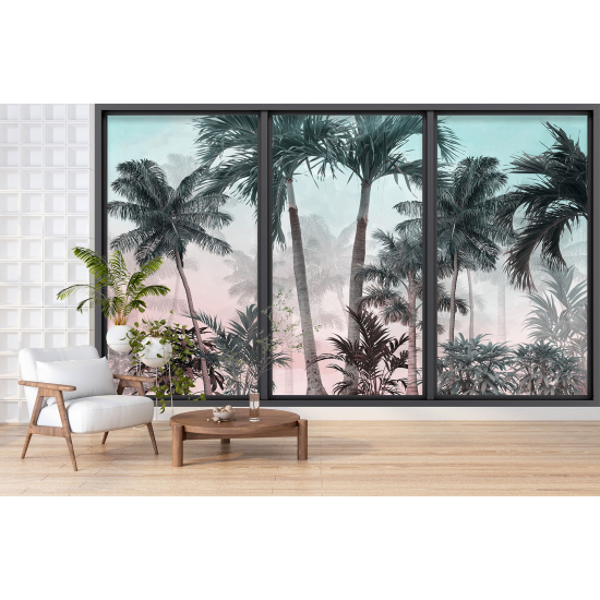 Optical Illusion Panoramic Bay Window Wall Mural / Wallpaper - Palm trees