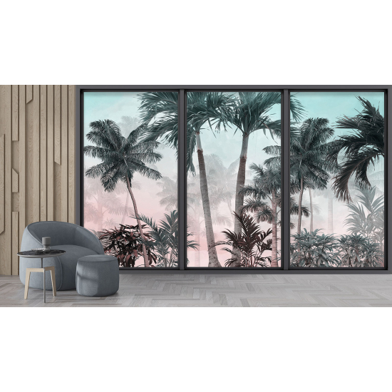 Optical Illusion Panoramic Bay Window Wall Mural / Wallpaper - Palm trees