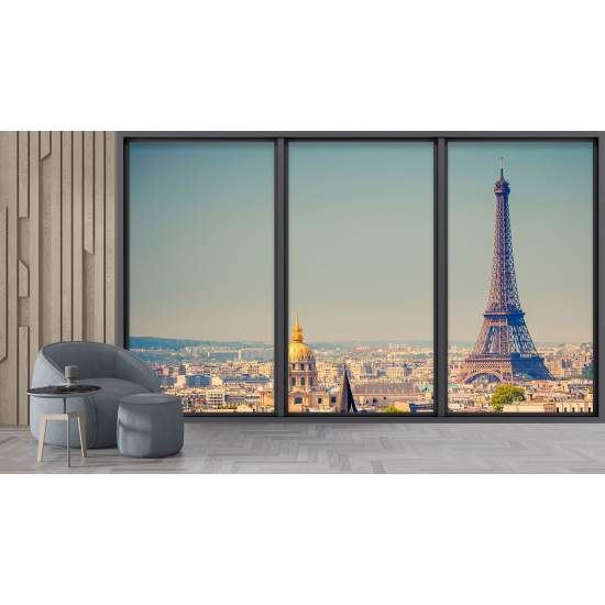 Optical Illusion Panoramic Bay Window Wall Mural / Wallpaper - Paris Eiffel Tower