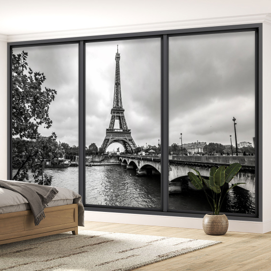 Optical Illusion Panoramic Bay Window Wall Mural / Wallpaper - Paris Eiffel Tower