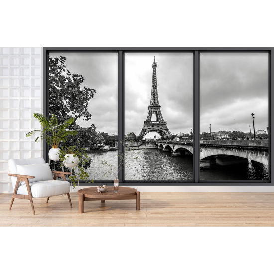 Optical Illusion Panoramic Bay Window Wall Mural / Wallpaper - Paris Eiffel Tower