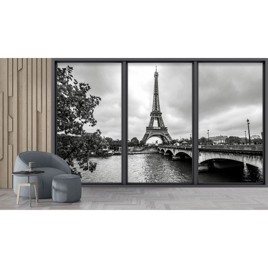 Optical Illusion Panoramic Bay Window Wall Mural / Wallpaper - Paris Eiffel Tower