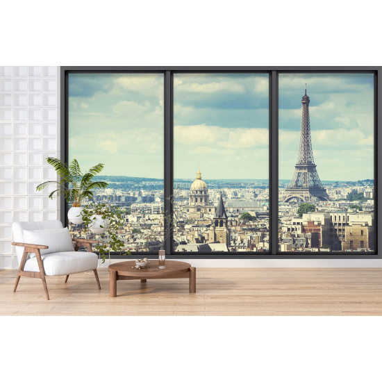 Optical Illusion Panoramic Bay Window Wall Mural / Wallpaper - Paris Eiffel Tower