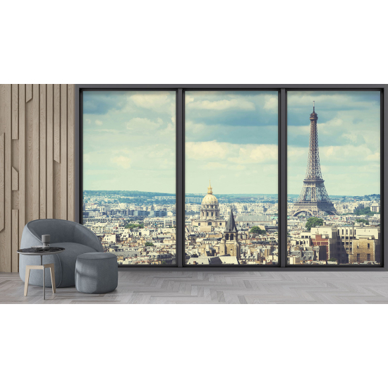 Optical Illusion Panoramic Bay Window Wall Mural / Wallpaper - Paris Eiffel Tower