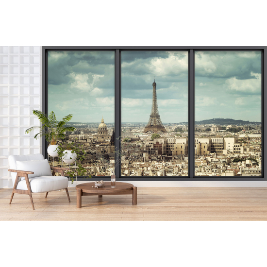 Optical Illusion Panoramic Bay Window Wall Mural / Wallpaper - Paris Eiffel Tower