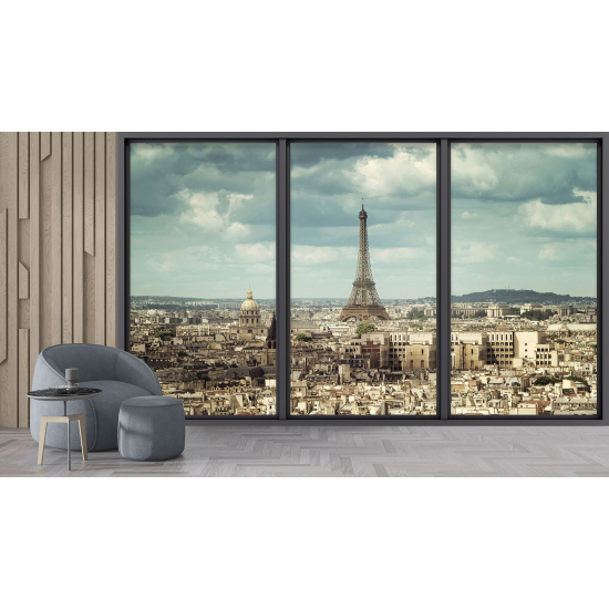 Optical Illusion Panoramic Bay Window Wall Mural / Wallpaper - Paris Eiffel Tower