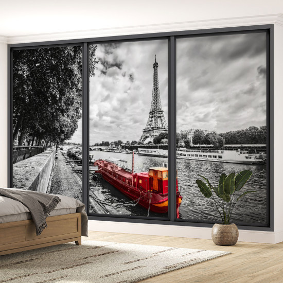 Optical Illusion Panoramic Bay Window Wall Mural / Wallpaper - Paris Eiffel Tower