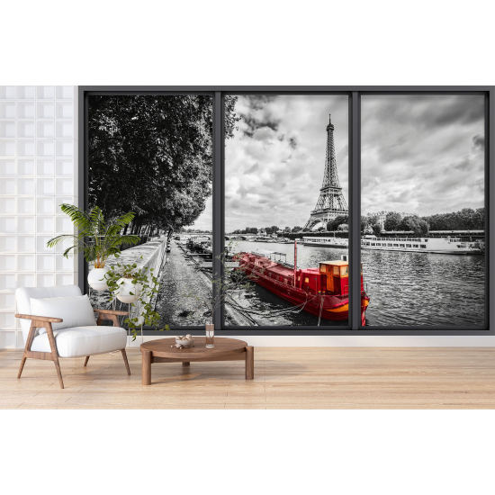 Optical Illusion Panoramic Bay Window Wall Mural / Wallpaper - Paris Eiffel Tower