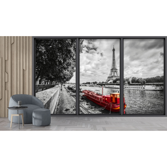 Optical Illusion Panoramic Bay Window Wall Mural / Wallpaper - Paris Eiffel Tower