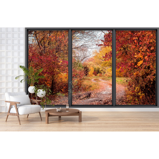 Optical Illusion Panoramic Bay Window Wall Mural / Wallpaper - Path in the forest