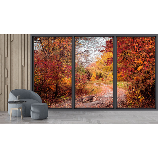 Optical Illusion Panoramic Bay Window Wall Mural / Wallpaper - Path in the forest