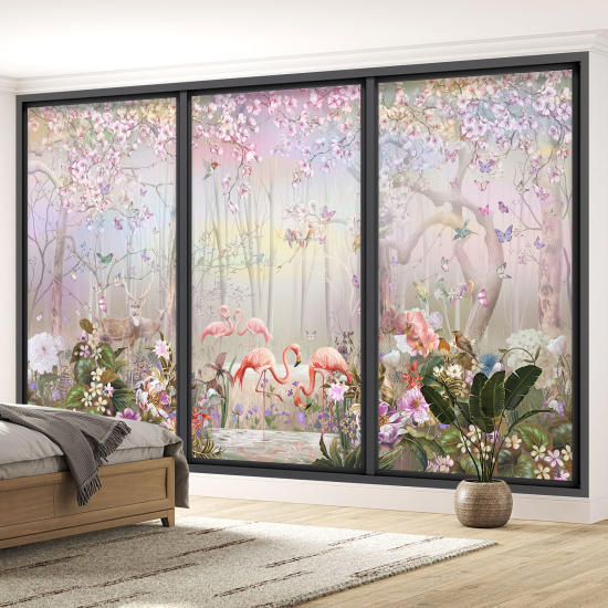 Optical Illusion Panoramic Bay Window Wall Mural / Wallpaper - Pink flamingos