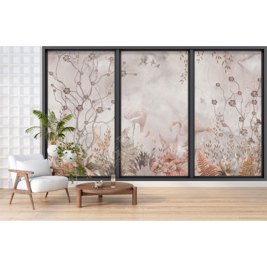 Optical Illusion Panoramic Bay Window Wall Mural / Wallpaper - Pink flamingos