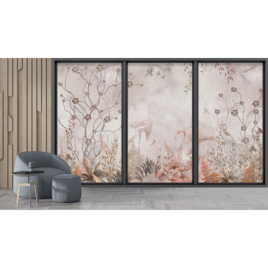 Optical Illusion Panoramic Bay Window Wall Mural / Wallpaper - Pink flamingos