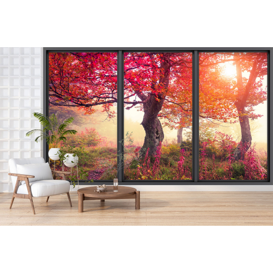 Optical Illusion Panoramic Bay Window Wall Mural / Wallpaper - Red-leaved trees