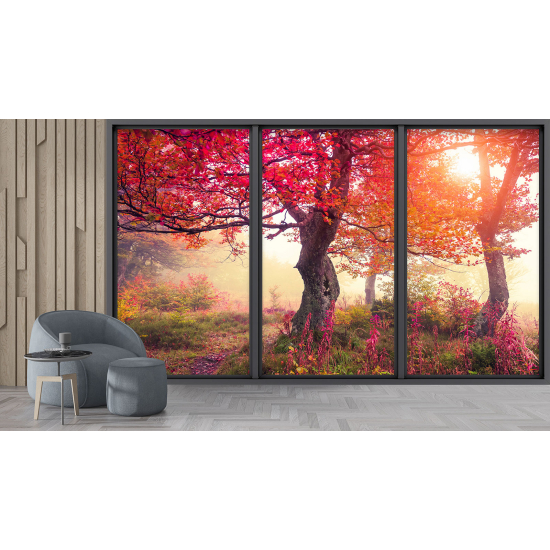 Optical Illusion Panoramic Bay Window Wall Mural / Wallpaper - Red-leaved trees