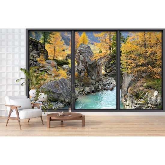 Optical Illusion Panoramic Bay Window Wall Mural / Wallpaper - River forest