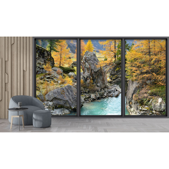 Optical Illusion Panoramic Bay Window Wall Mural / Wallpaper - River forest