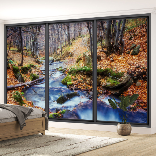 Optical Illusion Panoramic Bay Window Wall Mural / Wallpaper - River forest