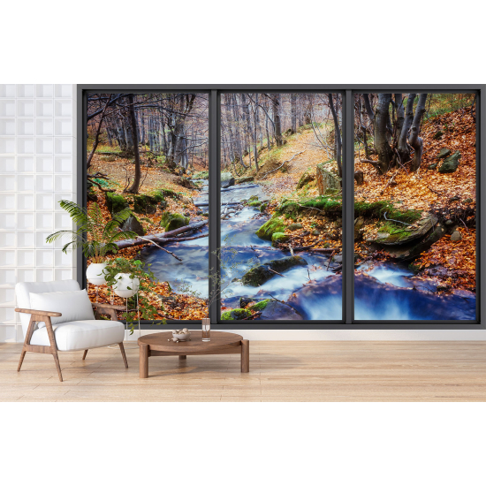 Optical Illusion Panoramic Bay Window Wall Mural / Wallpaper - River forest