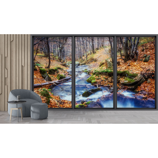 Optical Illusion Panoramic Bay Window Wall Mural / Wallpaper - River forest