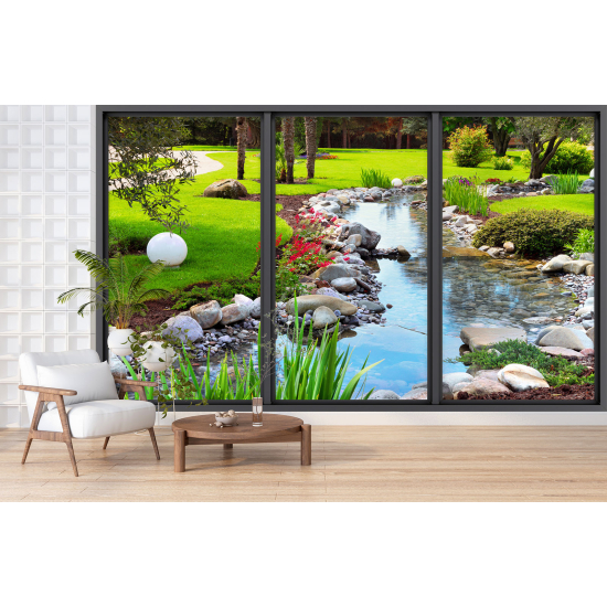 Optical Illusion Panoramic Bay Window Wall Mural / Wallpaper - River garden