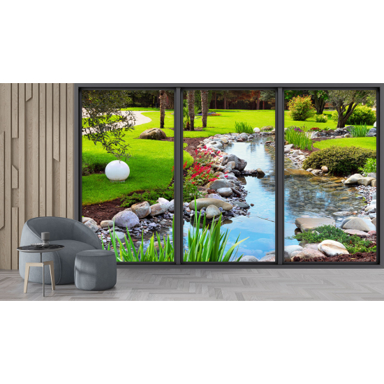 Optical Illusion Panoramic Bay Window Wall Mural / Wallpaper - River garden