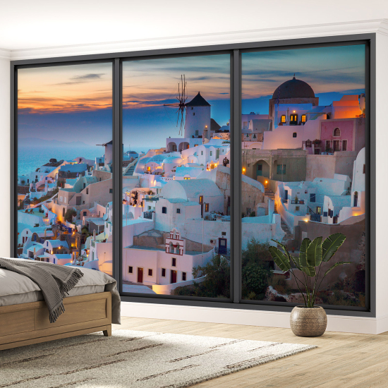 Optical Illusion Panoramic Bay Window Wall Mural / Wallpaper - Santorini