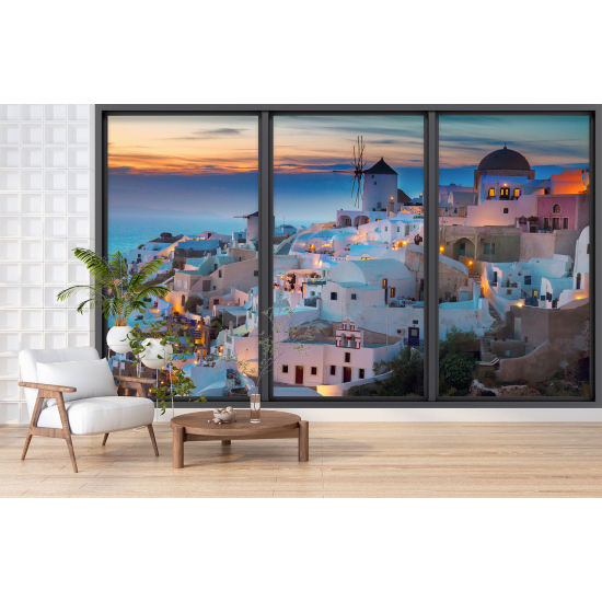 Optical Illusion Panoramic Bay Window Wall Mural / Wallpaper - Santorini