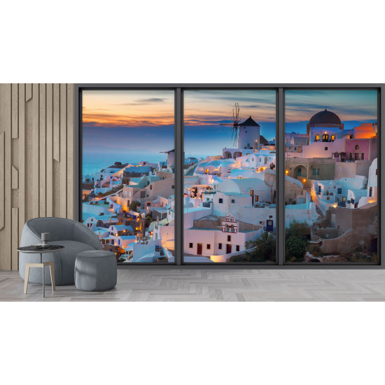 Optical Illusion Panoramic Bay Window Wall Mural / Wallpaper - Santorini