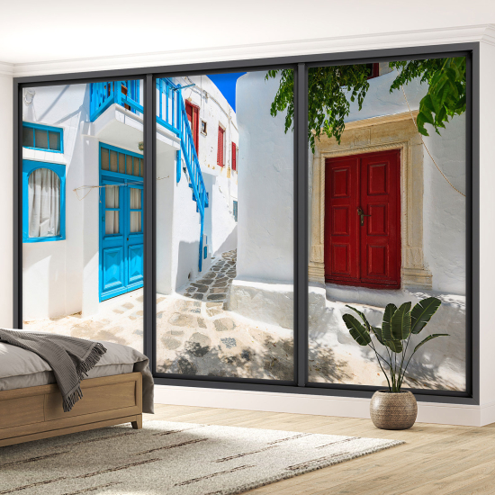 Optical Illusion Panoramic Bay Window Wall Mural / Wallpaper - Santorini