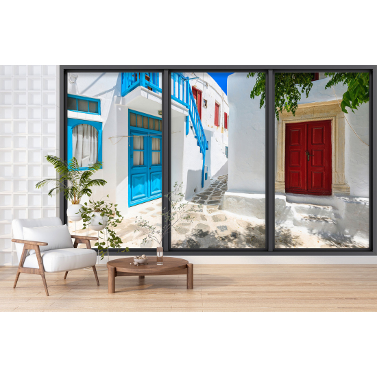 Optical Illusion Panoramic Bay Window Wall Mural / Wallpaper - Santorini