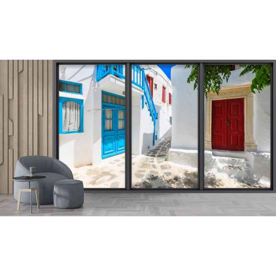 Optical Illusion Panoramic Bay Window Wall Mural / Wallpaper - Santorini