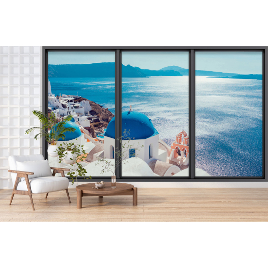 Optical Illusion Panoramic Bay Window Wall Mural / Wallpaper - Santorini