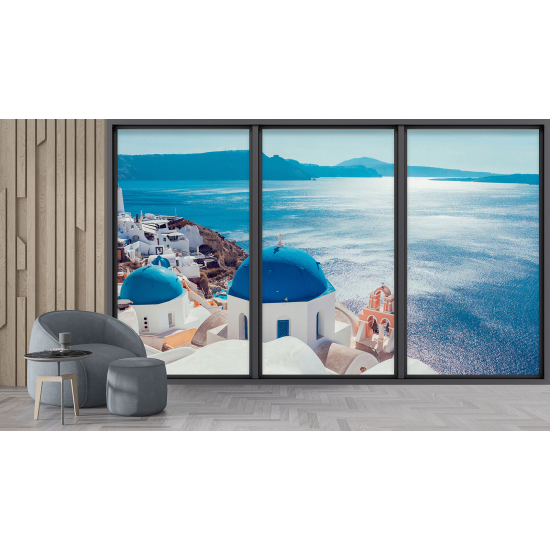 Optical Illusion Panoramic Bay Window Wall Mural / Wallpaper - Santorini