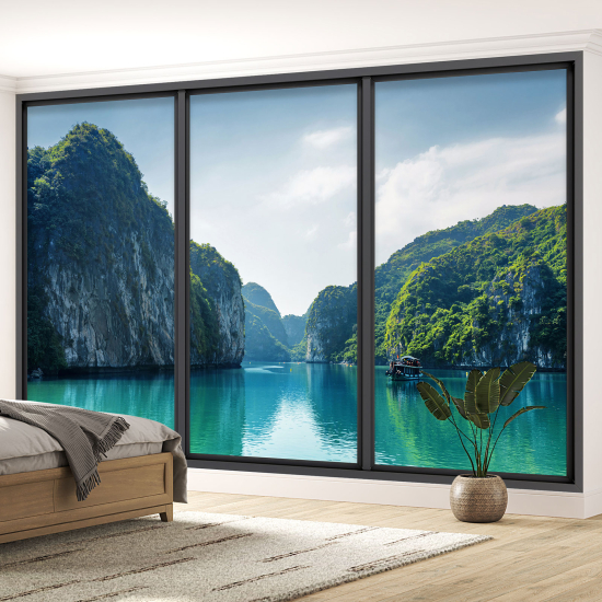 Optical Illusion Panoramic Bay Window Wall Mural / Wallpaper - Sea and mountain view