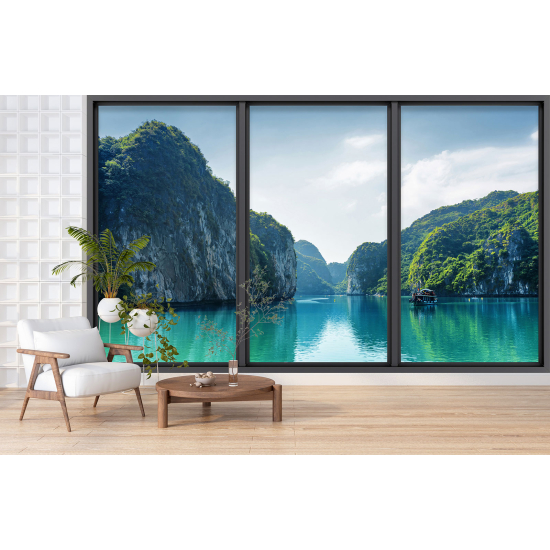 Optical Illusion Panoramic Bay Window Wall Mural / Wallpaper - Sea and mountain view