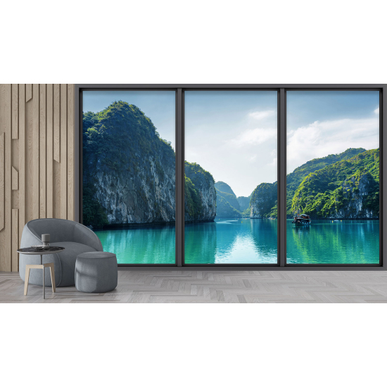 Optical Illusion Panoramic Bay Window Wall Mural / Wallpaper - Sea and mountain view