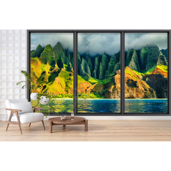 Optical Illusion Panoramic Bay Window Wall Mural / Wallpaper - Sea and mountains