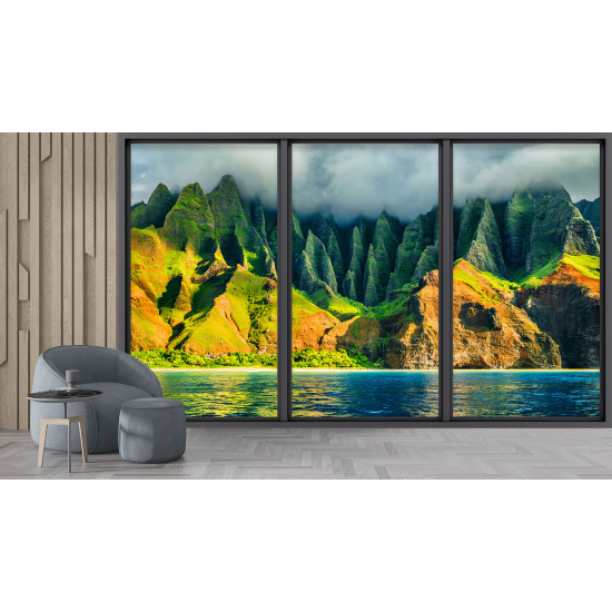 Optical Illusion Panoramic Bay Window Wall Mural / Wallpaper - Sea and mountains