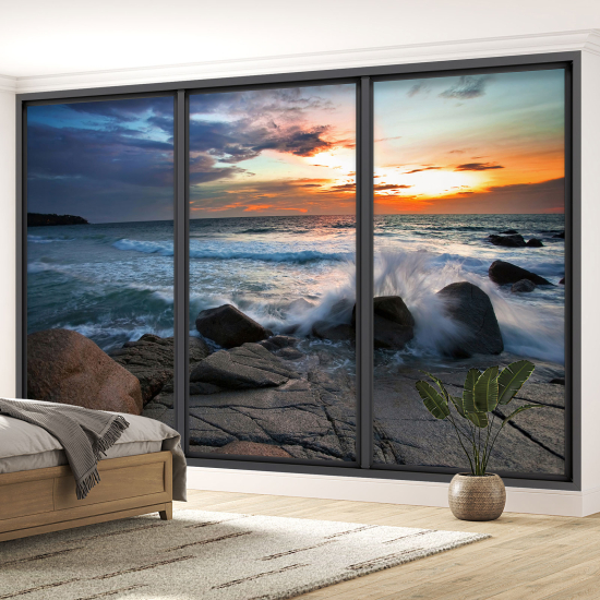 Optical Illusion Panoramic Bay Window Wall Mural / Wallpaper - Sea view