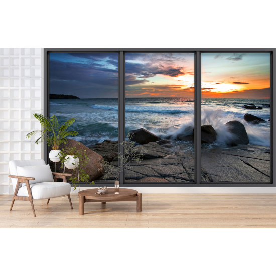 Optical Illusion Panoramic Bay Window Wall Mural / Wallpaper - Sea view