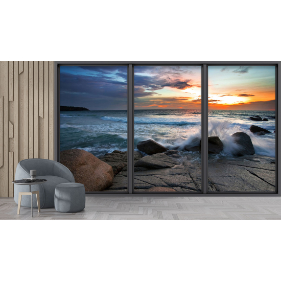 Optical Illusion Panoramic Bay Window Wall Mural / Wallpaper - Sea view