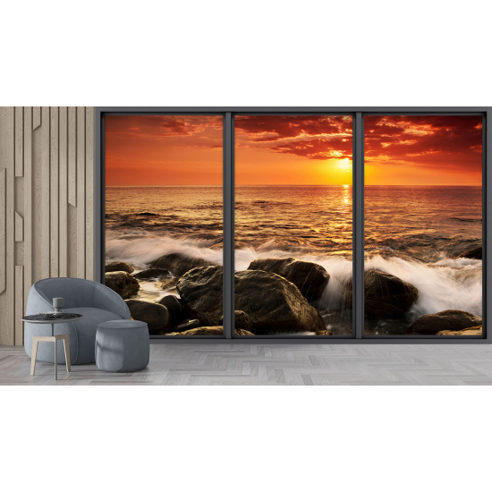 Optical Illusion Panoramic Bay Window Wall Mural / Wallpaper - Sea view