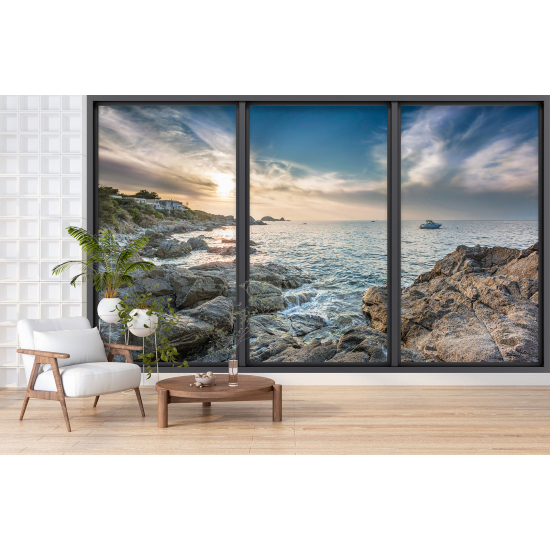 Optical Illusion Panoramic Bay Window Wall Mural / Wallpaper - Sea view