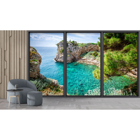 Optical Illusion Panoramic Bay Window Wall Mural / Wallpaper - Sea view