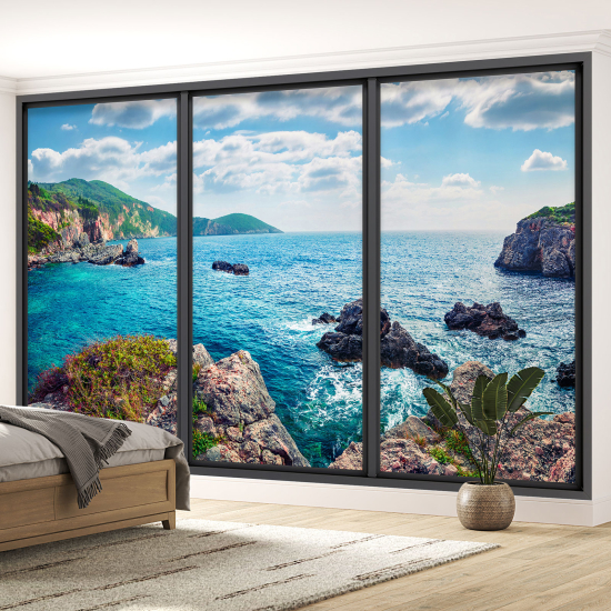 Optical Illusion Panoramic Bay Window Wall Mural / Wallpaper - Sea view