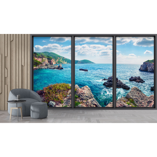 Optical Illusion Panoramic Bay Window Wall Mural / Wallpaper - Sea view