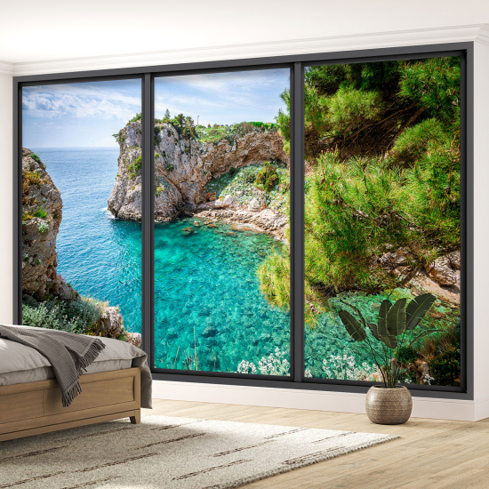 Optical Illusion Panoramic Bay Window Wall Mural / Wallpaper - Sea view