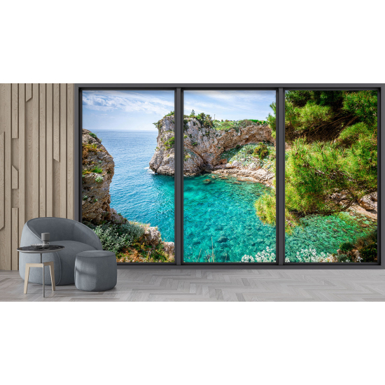 Optical Illusion Panoramic Bay Window Wall Mural / Wallpaper - Sea view